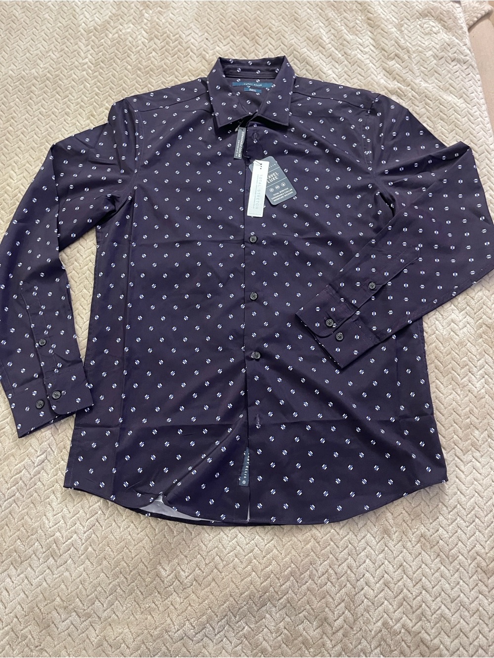 Perry Ellis Navy Button-Up Shirt with Small White Pattern